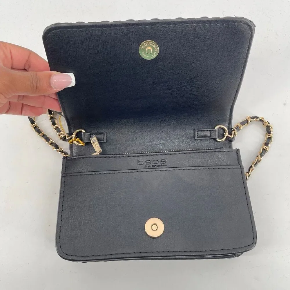 Bebe Yara Woven Vegan Leather Crossbody Bag Black Gold Chain NWT